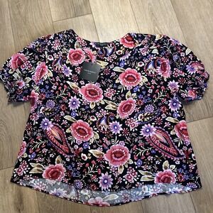 Cynthia Crowley Women's‎ Black Floral Short Elastic Ruffle Sleeve Size 3X NEW
